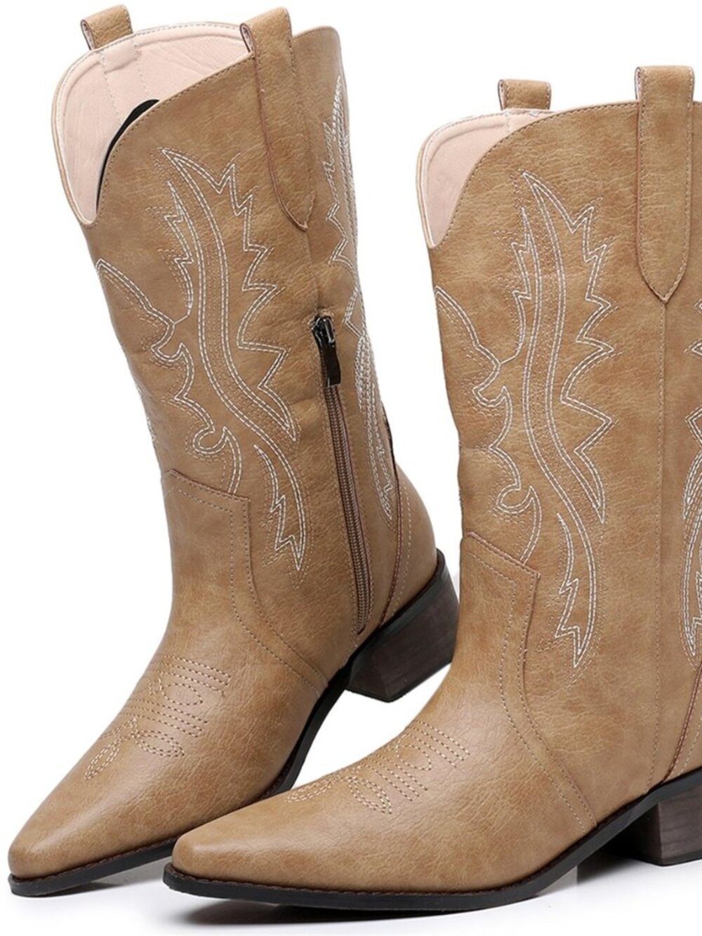 Cowboy Boots for Women, Mid Calf Pointed Toe Chunky Heel Side Zip Western